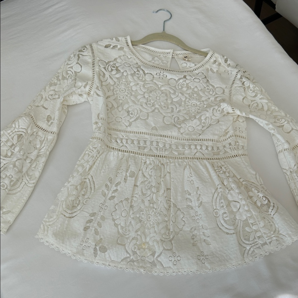 Spell White Lace Blouse XS Bell sleeves peplum style *small stain on front